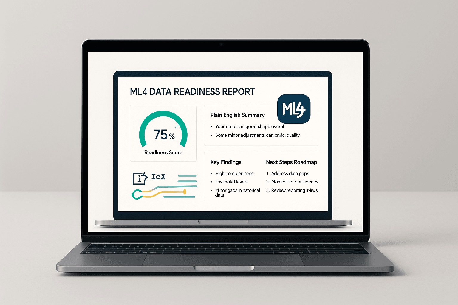 Mockup of the ML4industry Data Readiness Report dashboard on a laptop