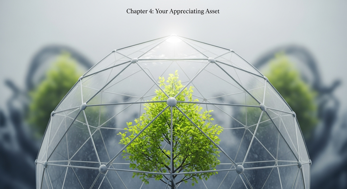 A healthy tree growing inside a secure geodesic dome