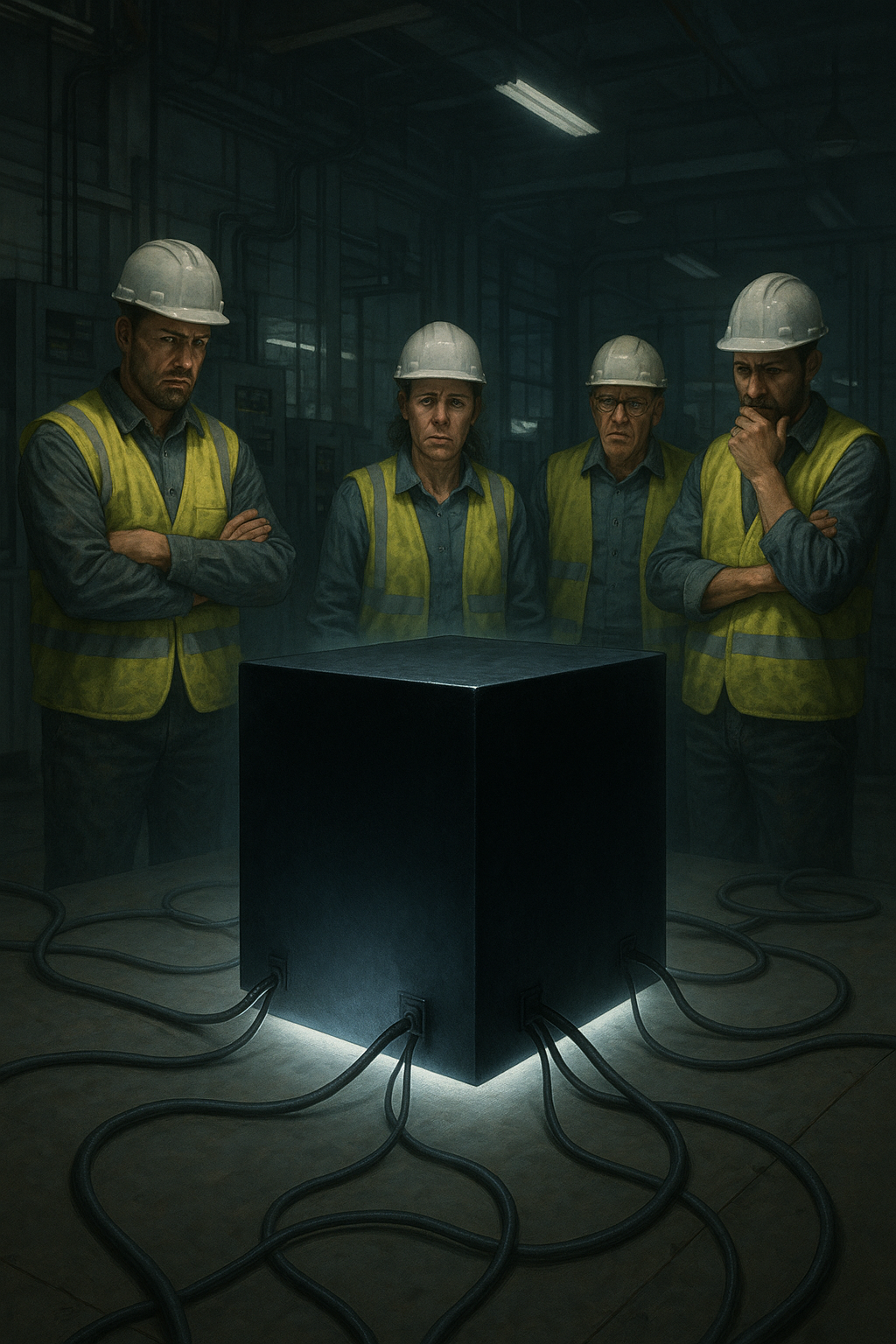 Group of factory workers looking skeptically at a glowing black box