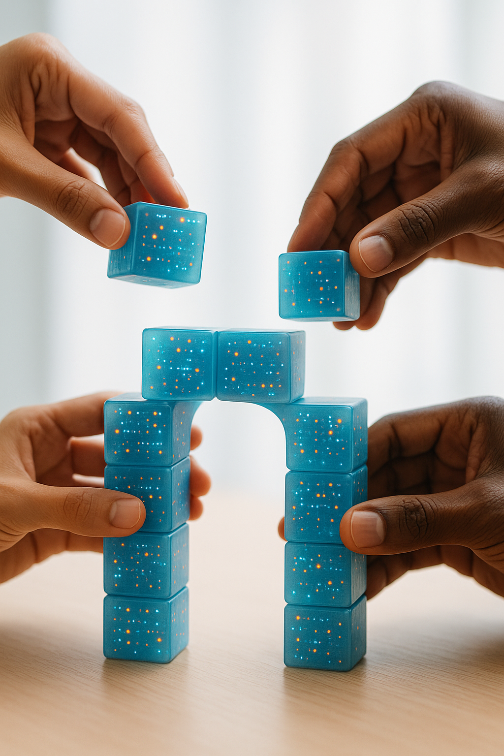 Hands building a structure with glowing data blocks