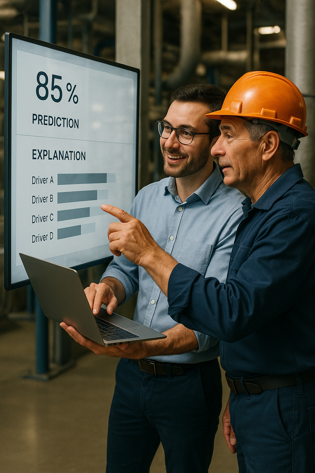 Technical expert showing bar chart explanation on screen to worker with hard hat