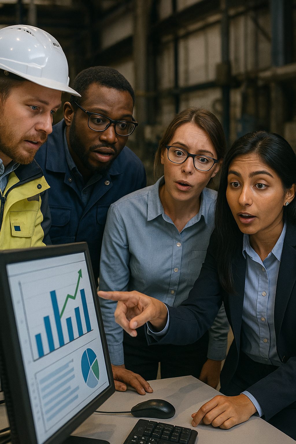 Diverse group of people collaborating around a screen with data charts