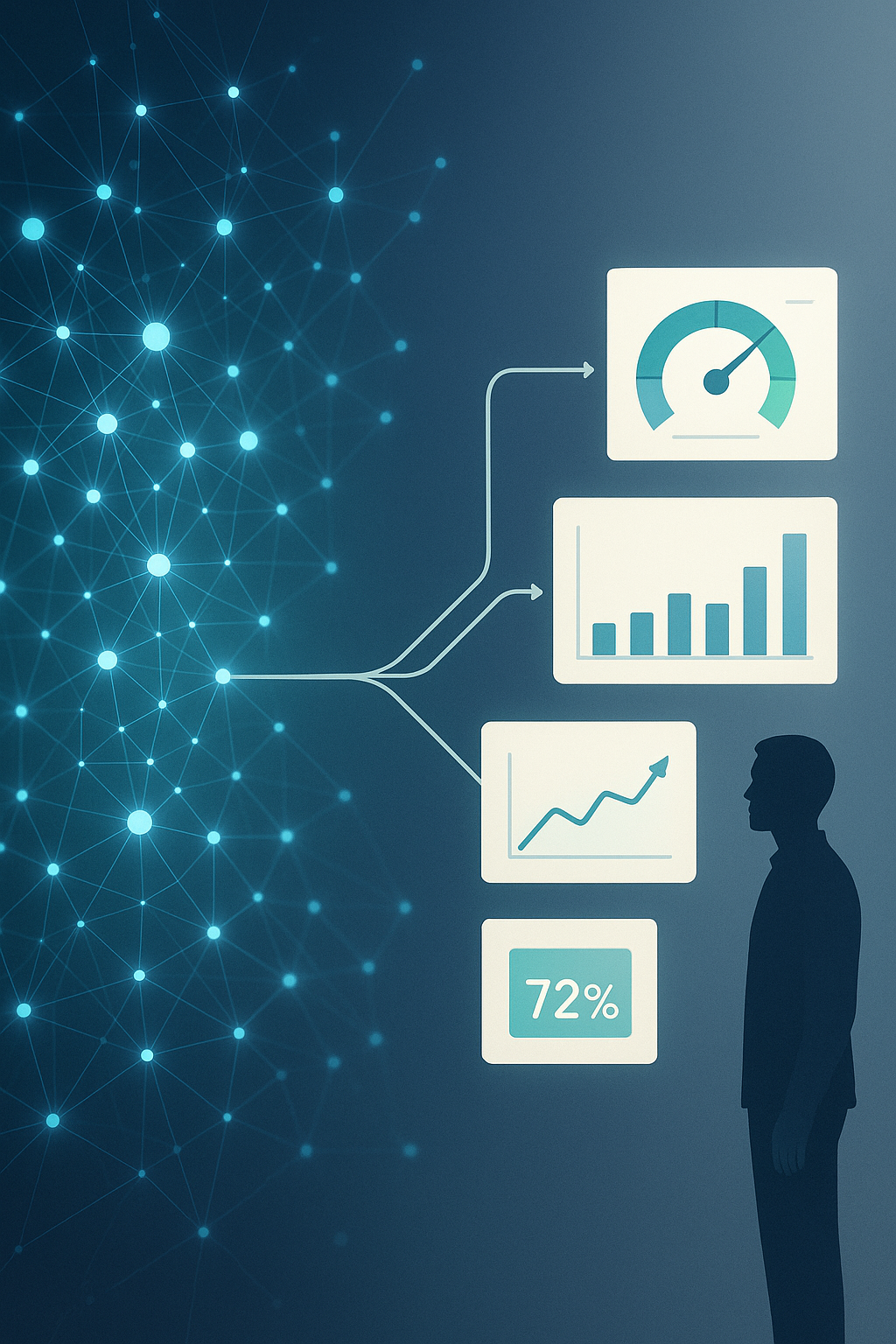 Abstract data network connecting to simple data dashboards