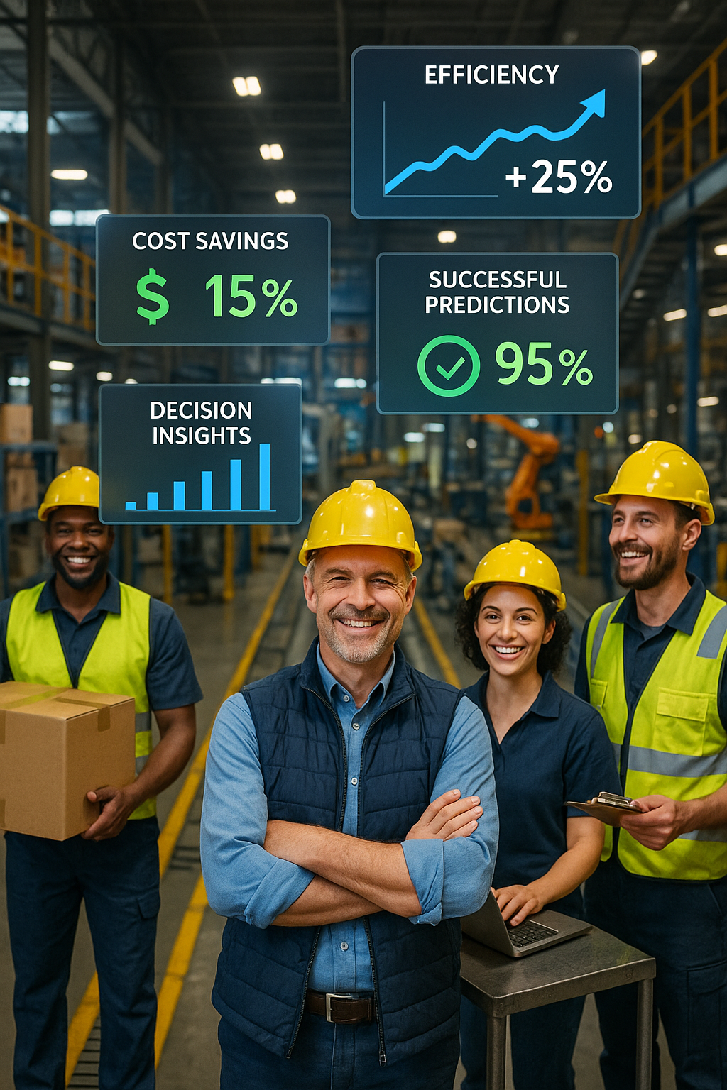Warehouse workers and manager with business KPIs overlaid
