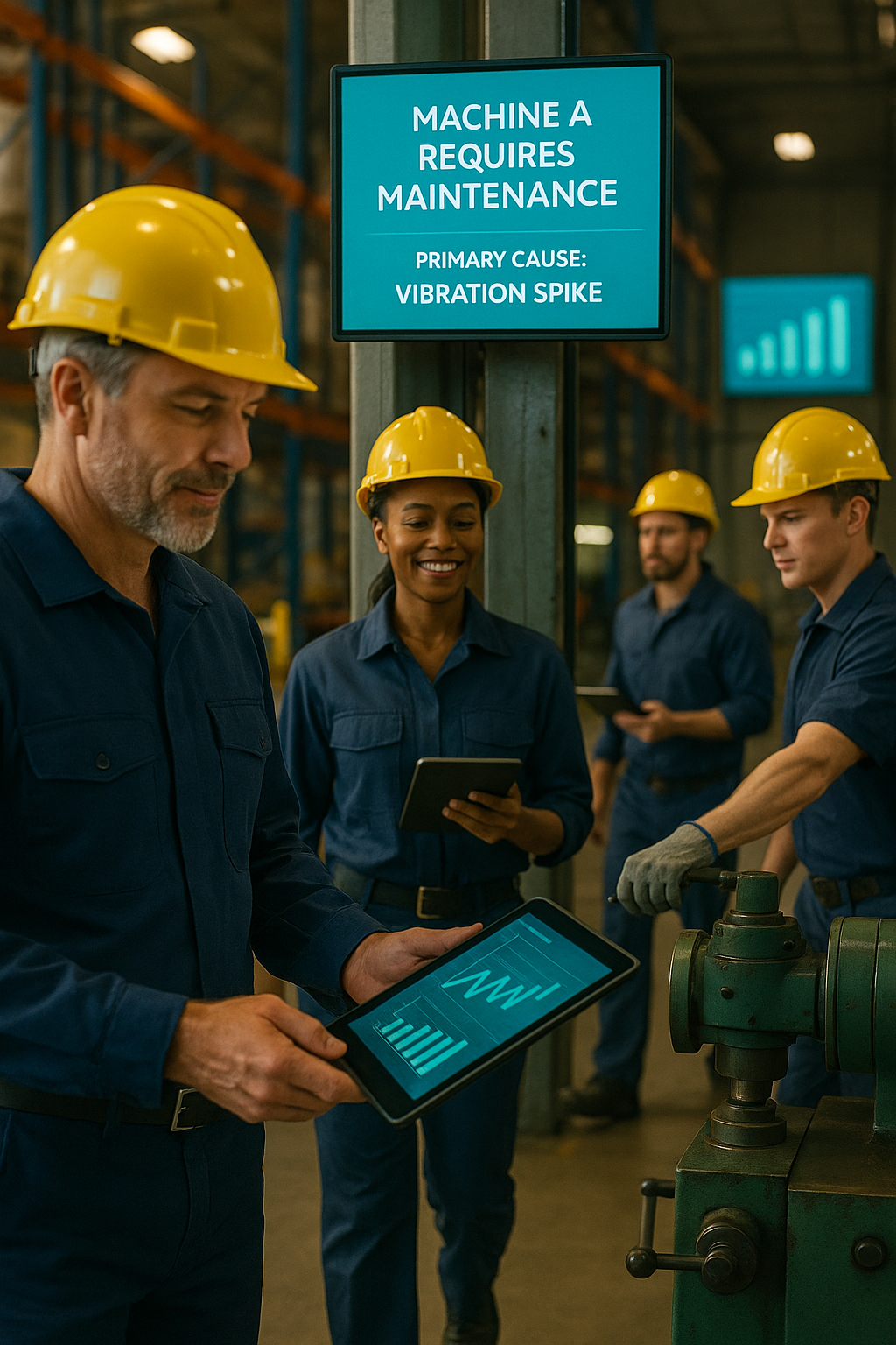 Warehouse workers confidently using a tablet with data insights and predictions