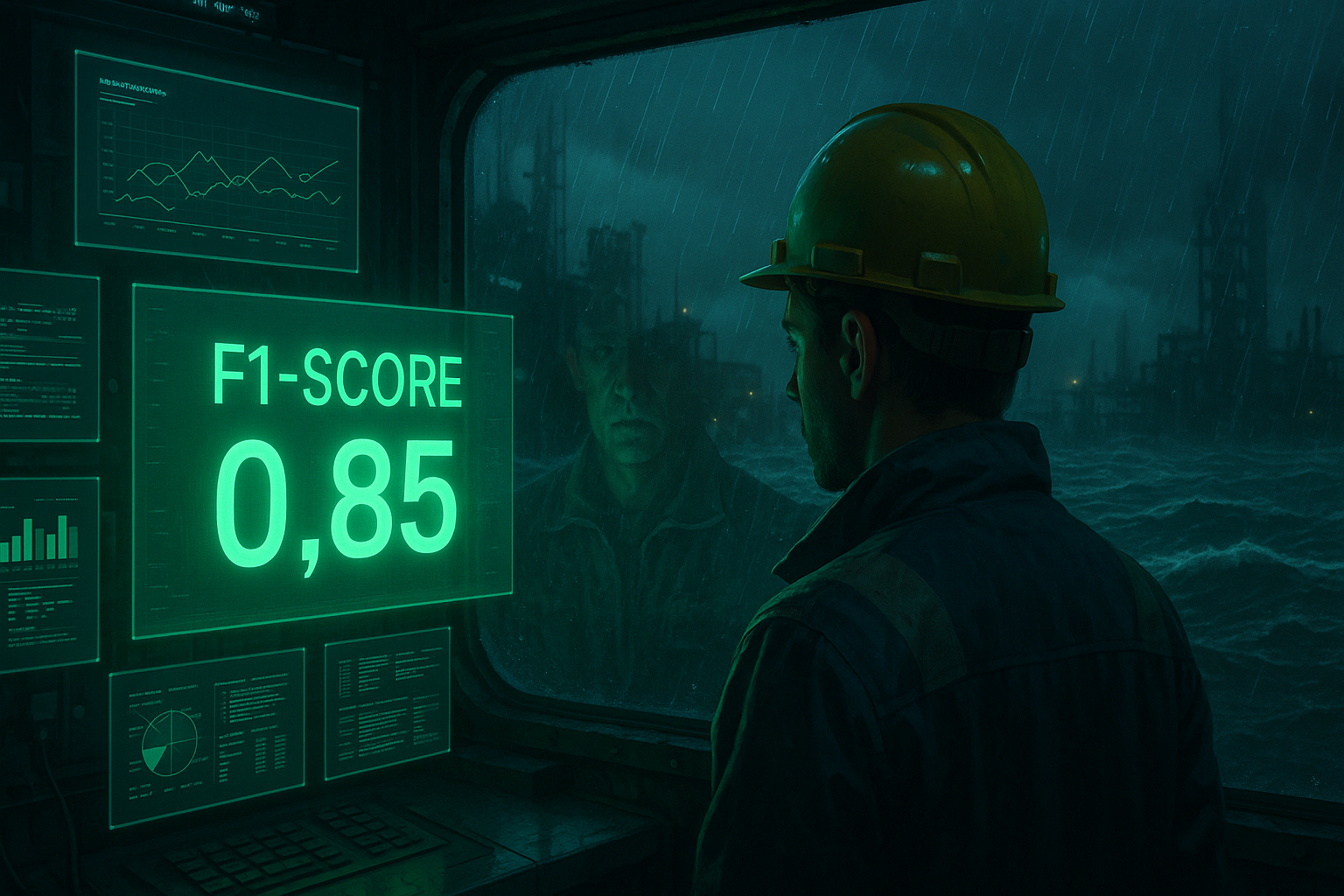 Technician viewing excellent F1-Score metrics while an untrained disaster scenario unfolds outside