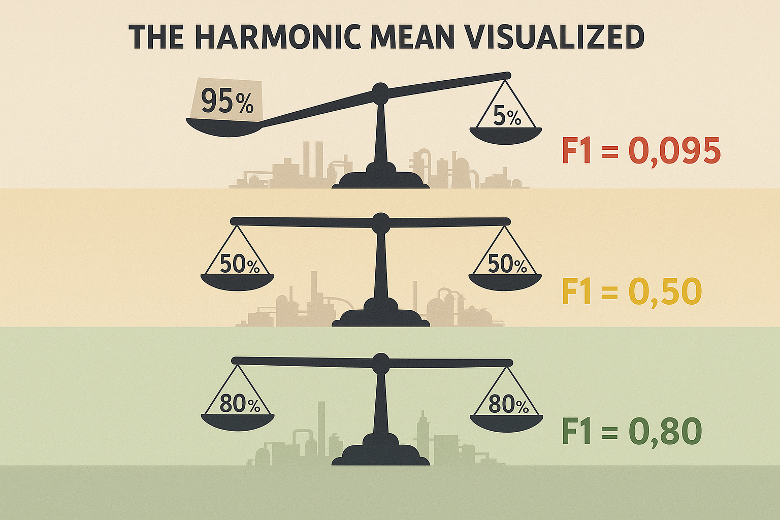 Three balance scales showing how F1-Score penalizes imbalanced precision and recall