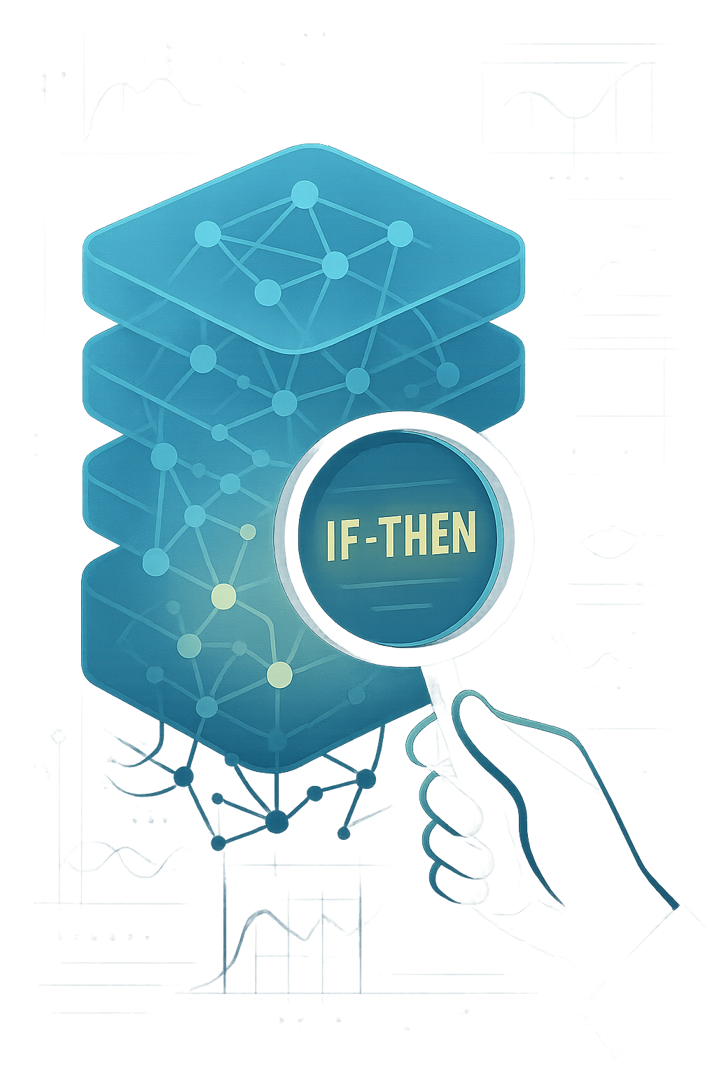 Magnifying glass examining 'IF-THEN' logic within layered data structure