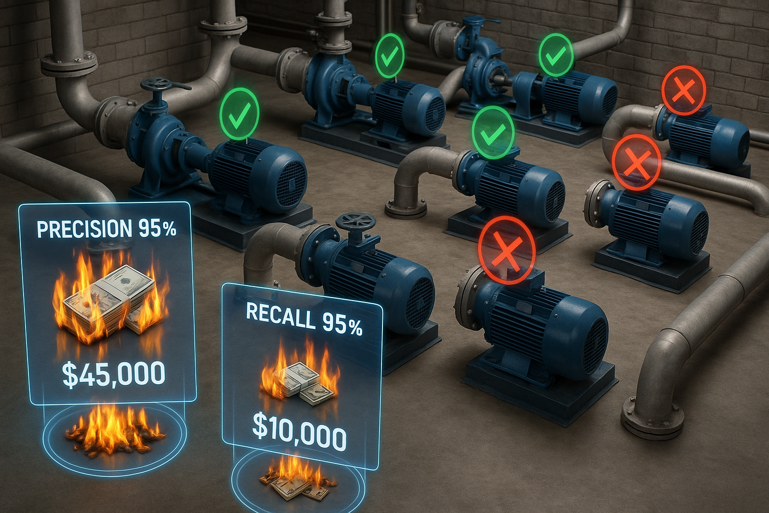 Industrial facility showing the cost comparison between high-precision and high-recall AI systems