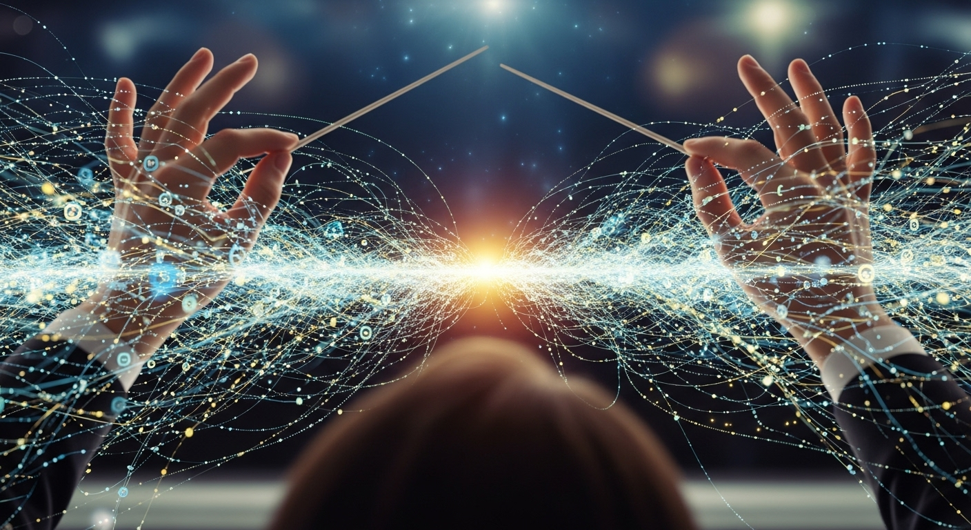 A conductor's hands orchestrating streams of data and light