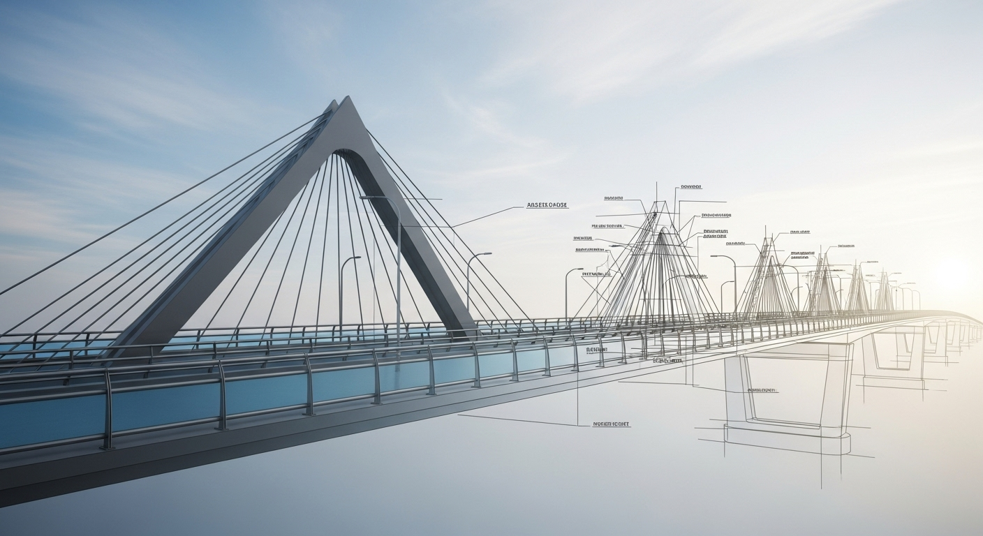 A bridge transforming from a wireframe blueprint into a solid structure