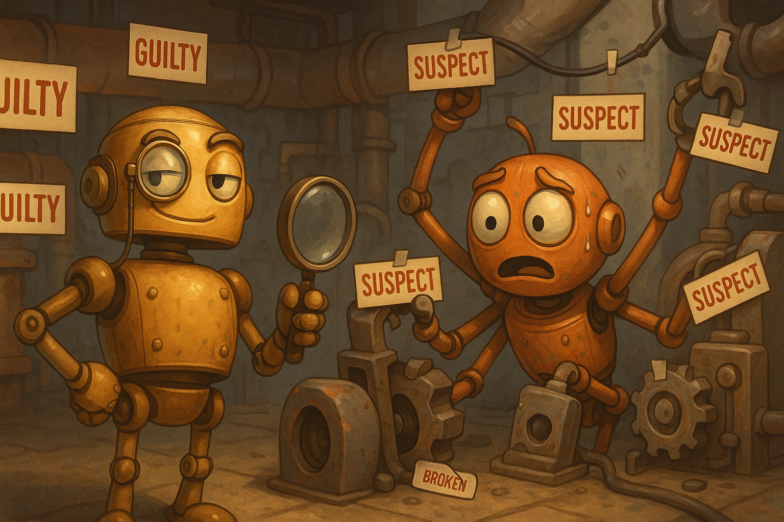 Precision and Recall personified as detective robots with contrasting investigation styles