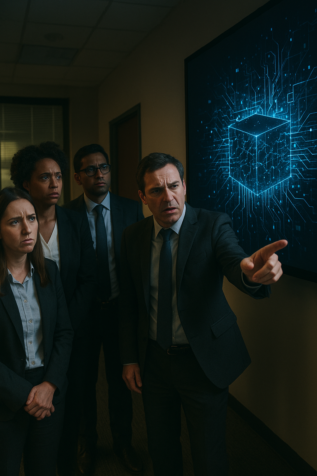 Business people looking skeptically at a data display